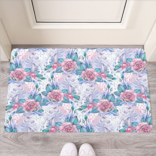 White Fairy Rose Unicorn Pattern Print Rubber Doormat