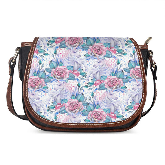 White Fairy Rose Unicorn Pattern Print Saddle Bag