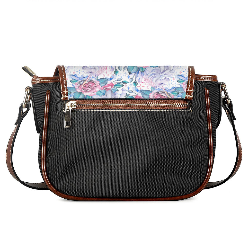 White Fairy Rose Unicorn Pattern Print Saddle Bag