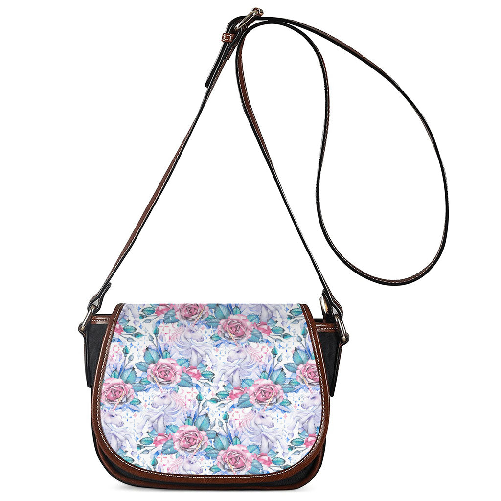 White Fairy Rose Unicorn Pattern Print Saddle Bag