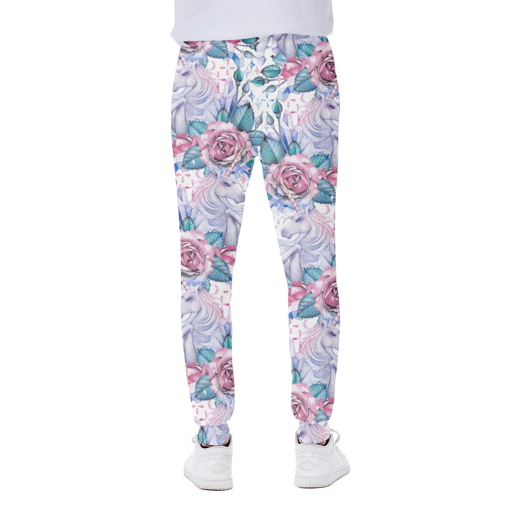 White Fairy Rose Unicorn Pattern Print Scuba Joggers