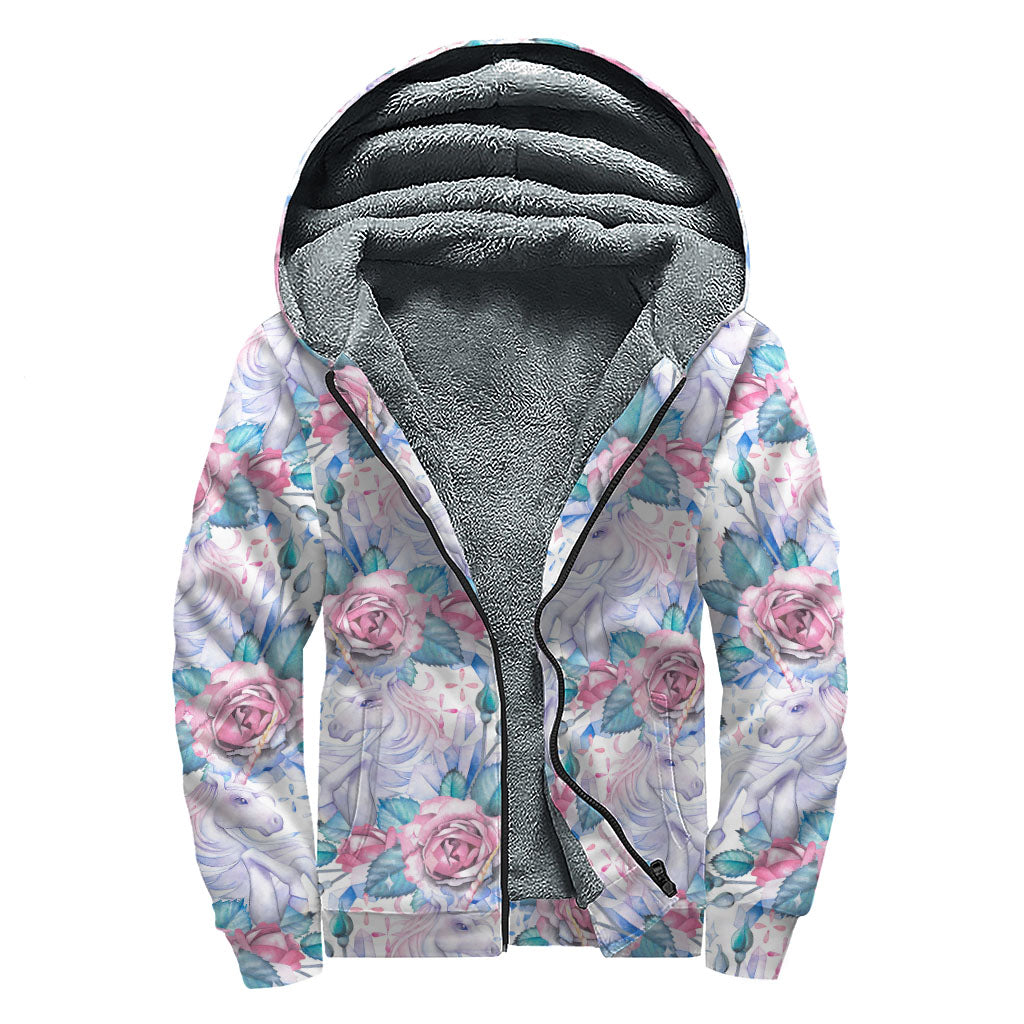 White Fairy Rose Unicorn Pattern Print Sherpa Lined Zip Up Hoodie