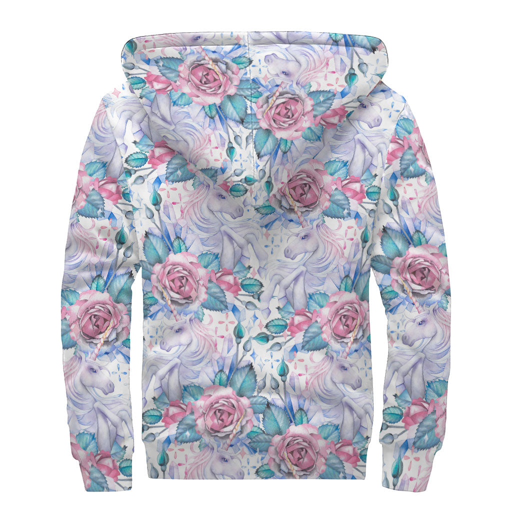 White Fairy Rose Unicorn Pattern Print Sherpa Lined Zip Up Hoodie