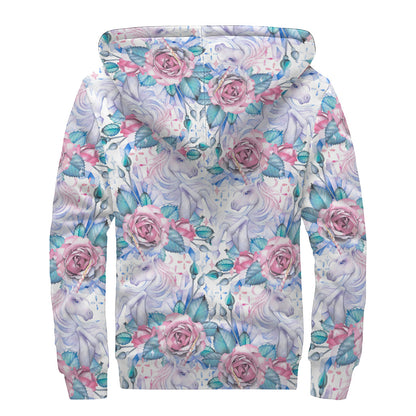 White Fairy Rose Unicorn Pattern Print Sherpa Lined Zip Up Hoodie