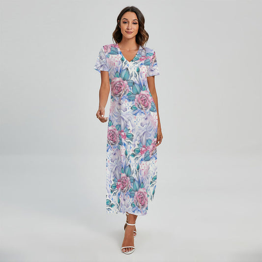White Fairy Rose Unicorn Pattern Print Short Sleeve Maxi Dress