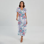 White Fairy Rose Unicorn Pattern Print Short Sleeve Maxi Dress