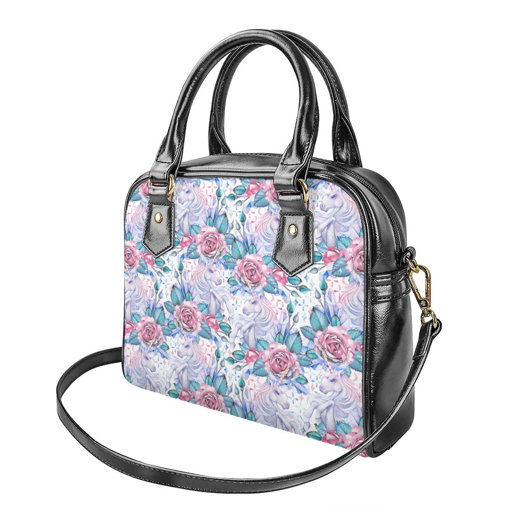 White Fairy Rose Unicorn Pattern Print Shoulder Handbag