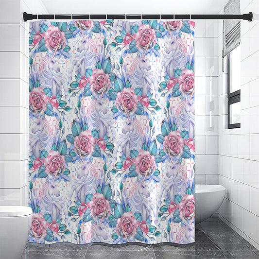 White Fairy Rose Unicorn Pattern Print Shower Curtain