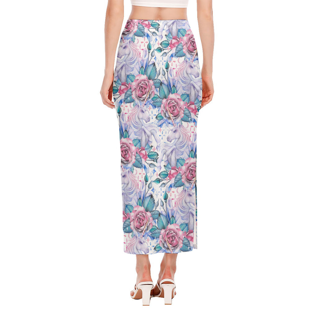 White Fairy Rose Unicorn Pattern Print Side Slit Maxi Skirt
