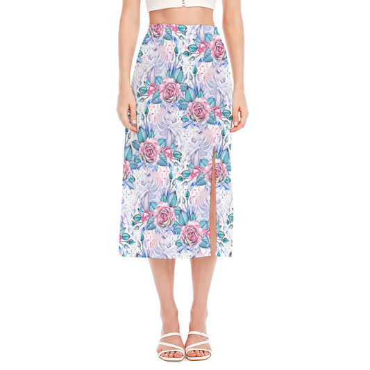 White Fairy Rose Unicorn Pattern Print Side Slit Midi Skirt