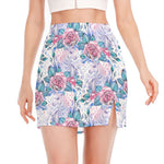 White Fairy Rose Unicorn Pattern Print Side Slit Mini Skirt
