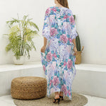 White Fairy Rose Unicorn Pattern Print Silk V-Neck Kaftan Dress