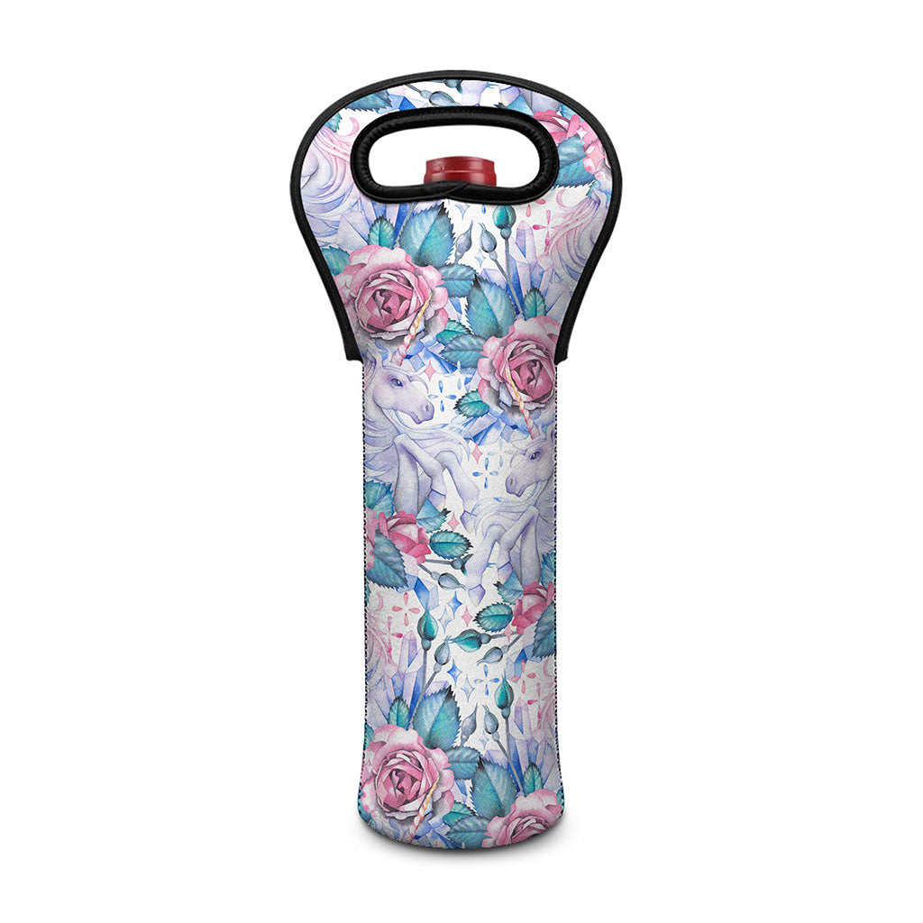 White Fairy Rose Unicorn Pattern Print Single Neoprene Wine Tote
