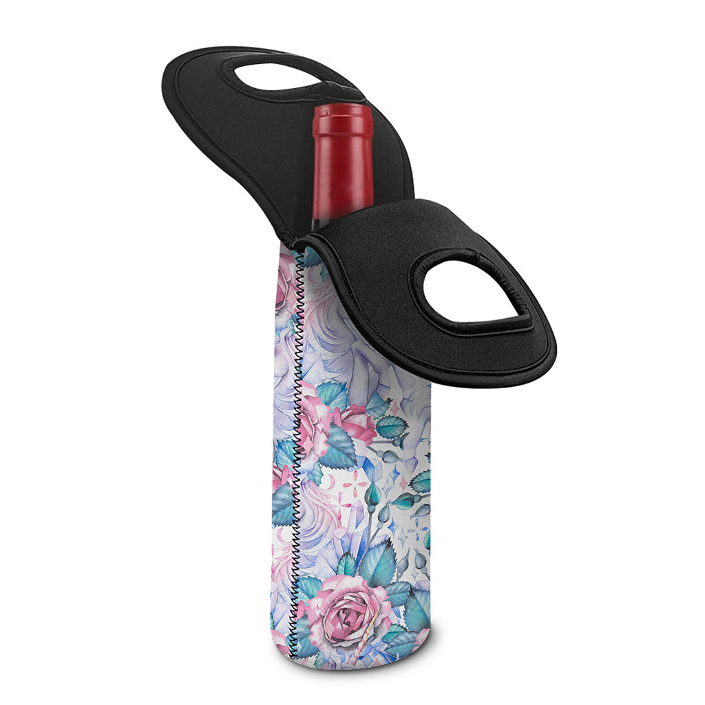 White Fairy Rose Unicorn Pattern Print Single Neoprene Wine Tote