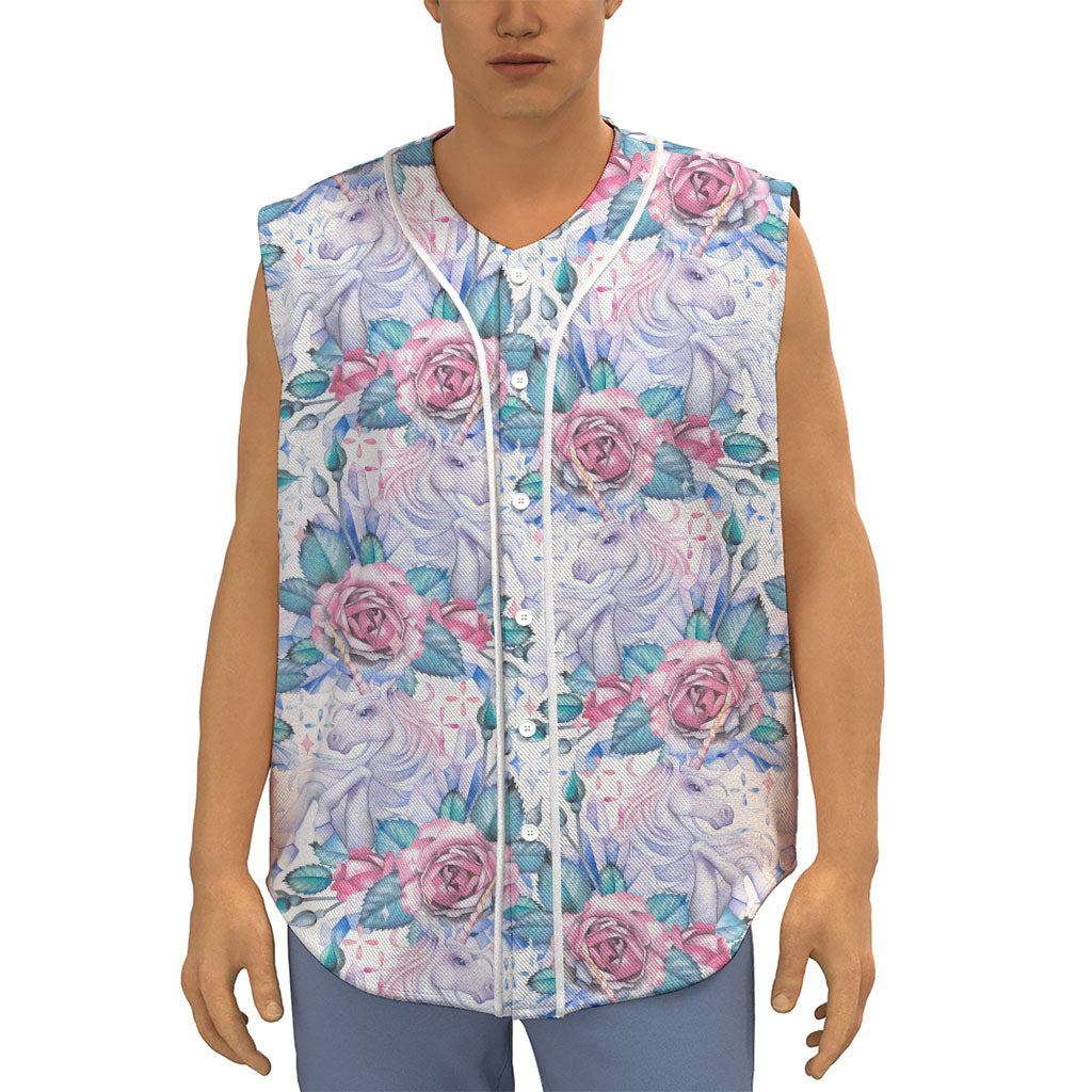 White Fairy Rose Unicorn Pattern Print Sleeveless Baseball Jersey