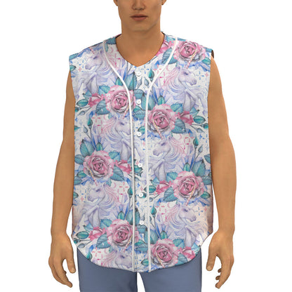 White Fairy Rose Unicorn Pattern Print Sleeveless Baseball Jersey