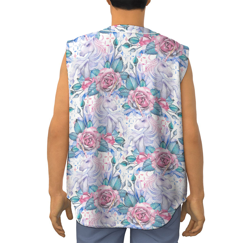 White Fairy Rose Unicorn Pattern Print Sleeveless Baseball Jersey