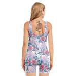 White Fairy Rose Unicorn Pattern Print Sleeveless One Piece Swimsuit