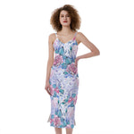 White Fairy Rose Unicorn Pattern Print Slim Fit Midi Cami Dress