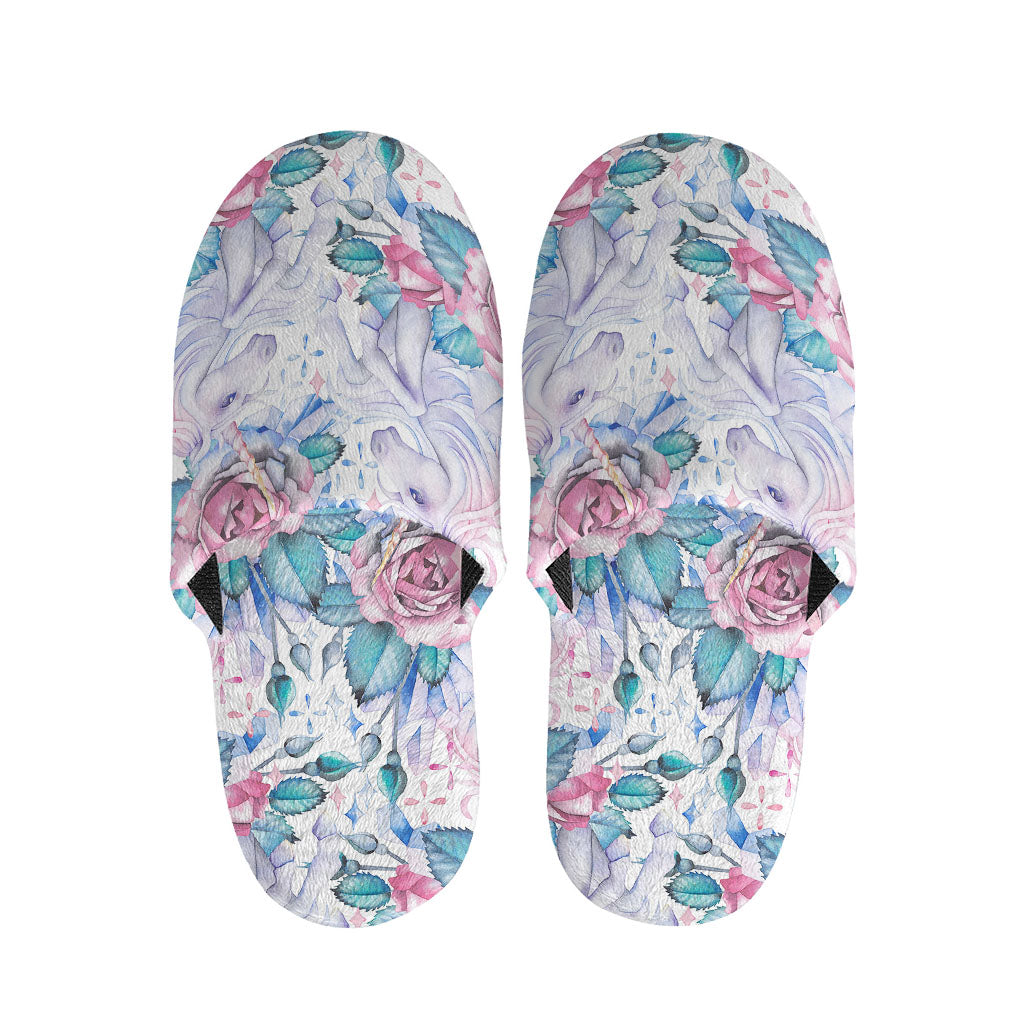 White Fairy Rose Unicorn Pattern Print Slippers