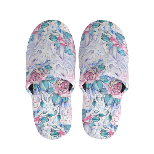 White Fairy Rose Unicorn Pattern Print Slippers
