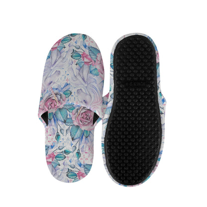 White Fairy Rose Unicorn Pattern Print Slippers