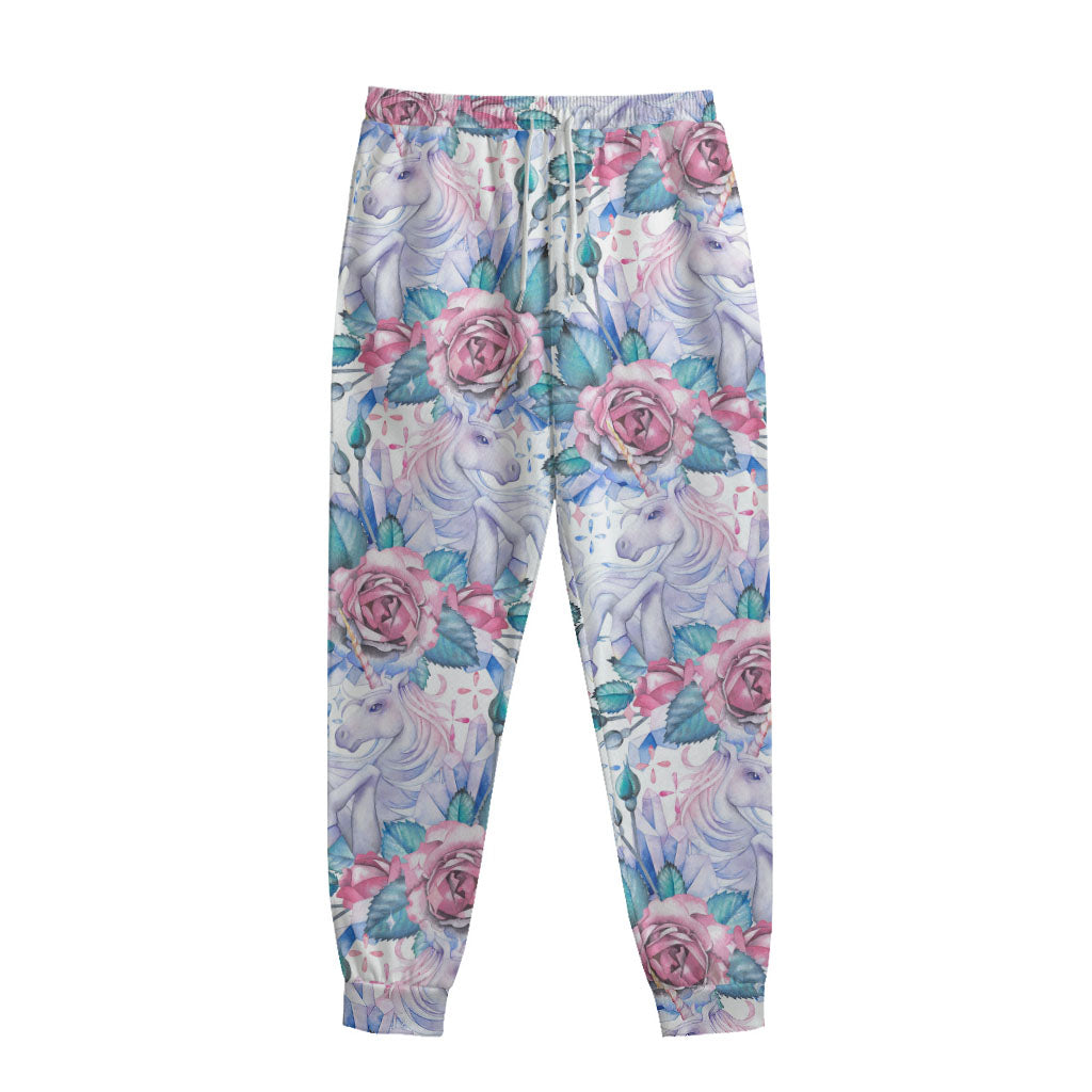 White Fairy Rose Unicorn Pattern Print Sweatpants