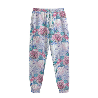 White Fairy Rose Unicorn Pattern Print Sweatpants