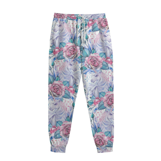 White Fairy Rose Unicorn Pattern Print Sweatpants