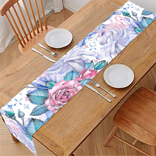 White Fairy Rose Unicorn Pattern Print Table Runner