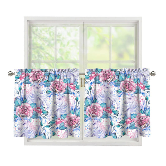 White Fairy Rose Unicorn Pattern Print Tier Curtains