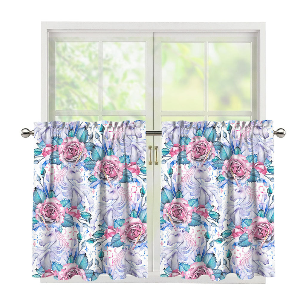 White Fairy Rose Unicorn Pattern Print Tier Curtains