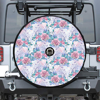 White Fairy Rose Unicorn Pattern Print Tire Cover With Camera Hole