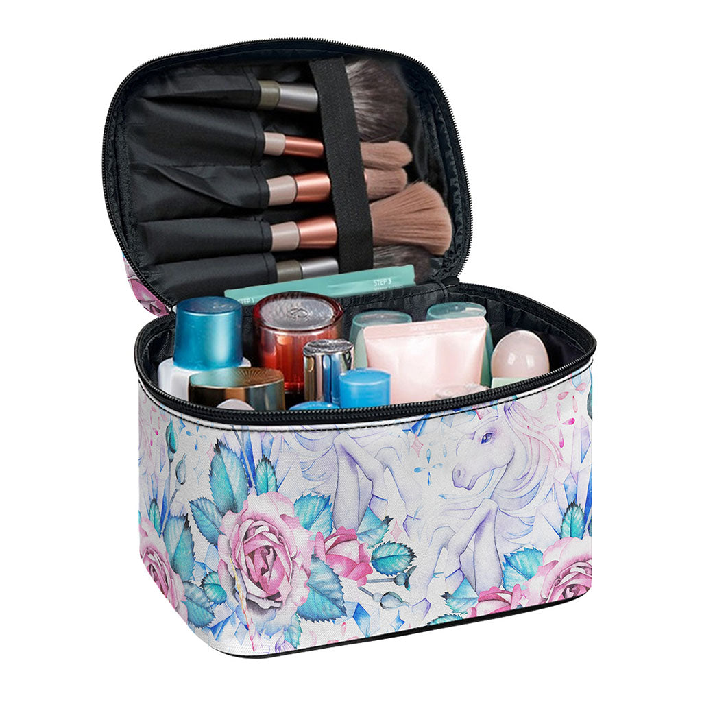 White Fairy Rose Unicorn Pattern Print Travel Makeup Bag