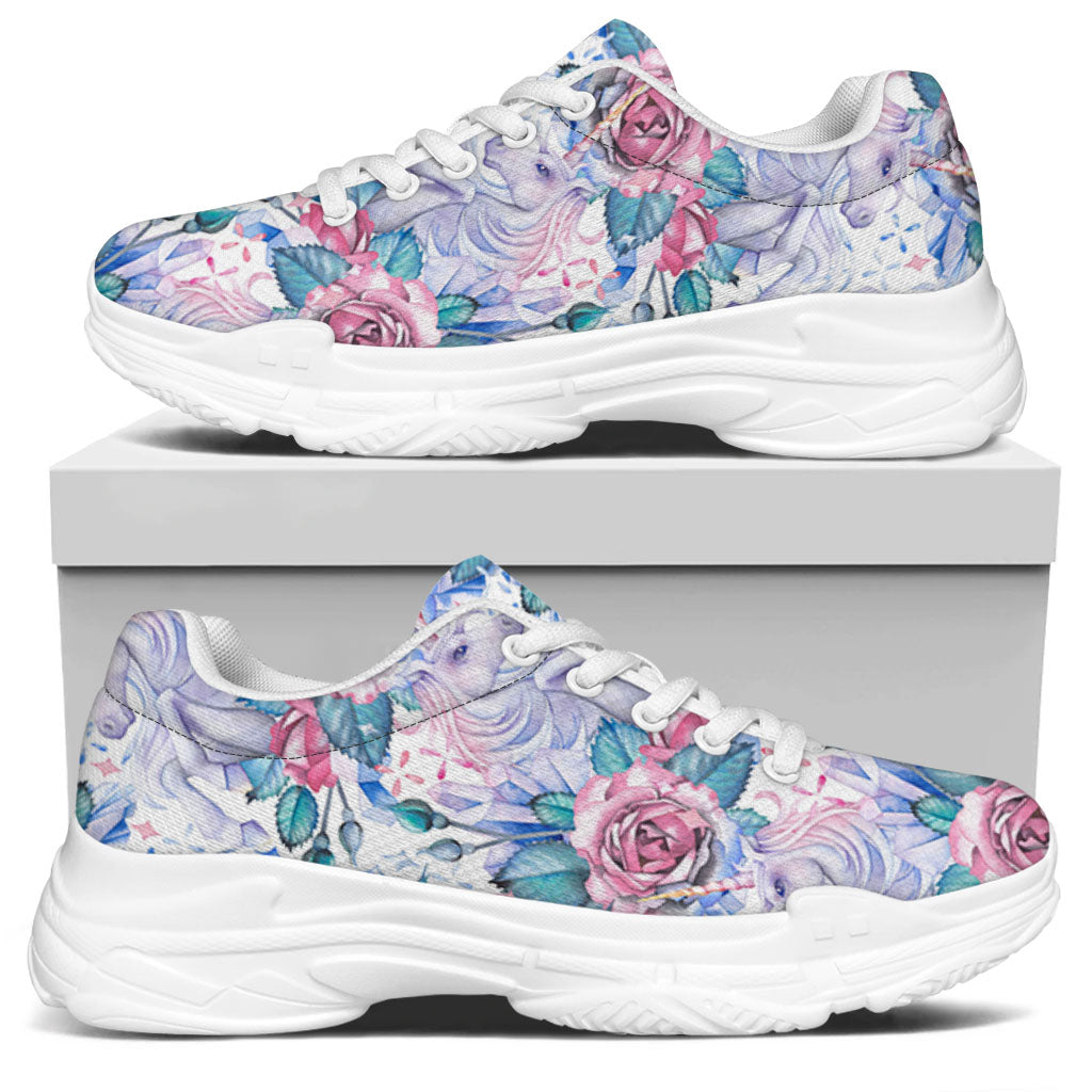 White Fairy Rose Unicorn Pattern Print White Chunky Shoes