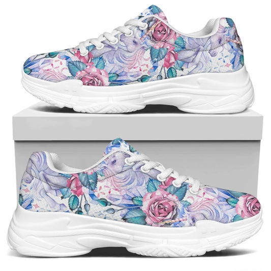 White Fairy Rose Unicorn Pattern Print White Chunky Shoes
