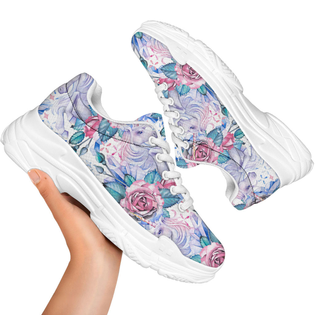 White Fairy Rose Unicorn Pattern Print White Chunky Shoes