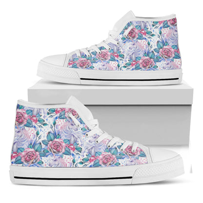White Fairy Rose Unicorn Pattern Print White High Top Sneakers