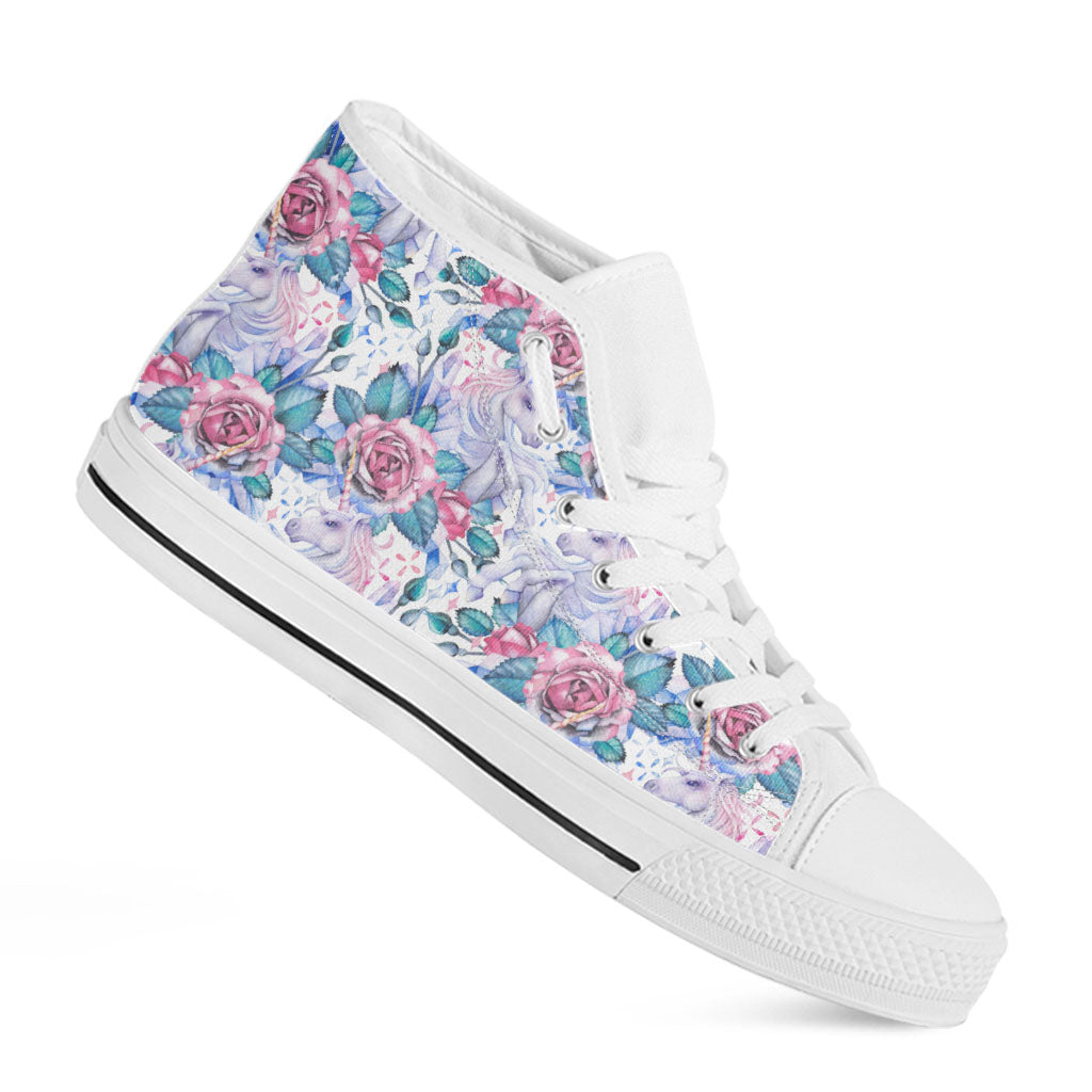 White Fairy Rose Unicorn Pattern Print White High Top Sneakers