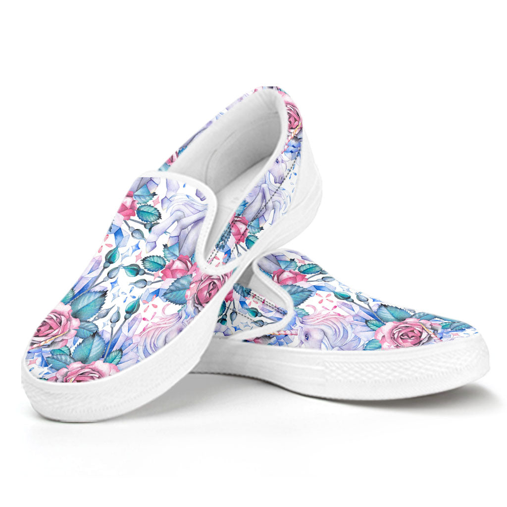 White Fairy Rose Unicorn Pattern Print White Slip On Sneakers