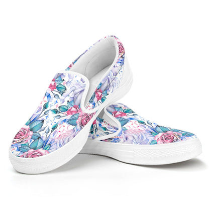 White Fairy Rose Unicorn Pattern Print White Slip On Sneakers
