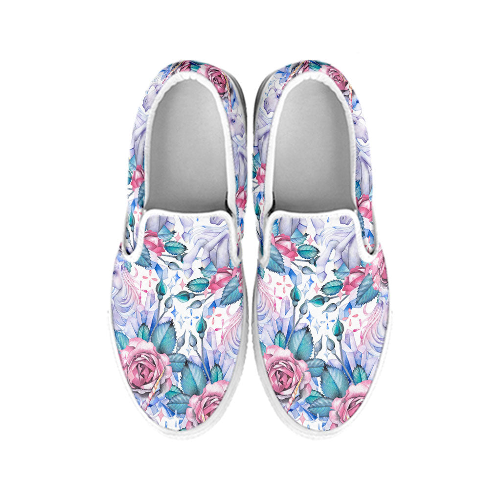 White Fairy Rose Unicorn Pattern Print White Slip On Sneakers