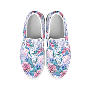 White Fairy Rose Unicorn Pattern Print White Slip On Sneakers