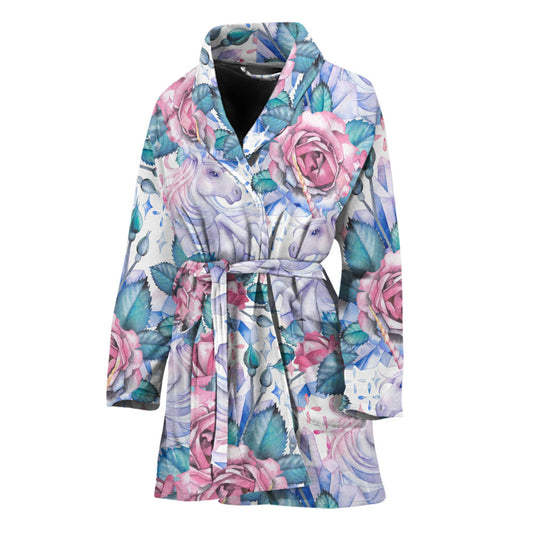 White Fairy Rose Unicorn Pattern Print Women's Bathrobe
