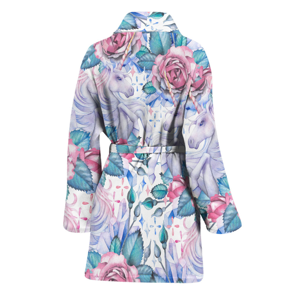 White Fairy Rose Unicorn Pattern Print Women's Bathrobe