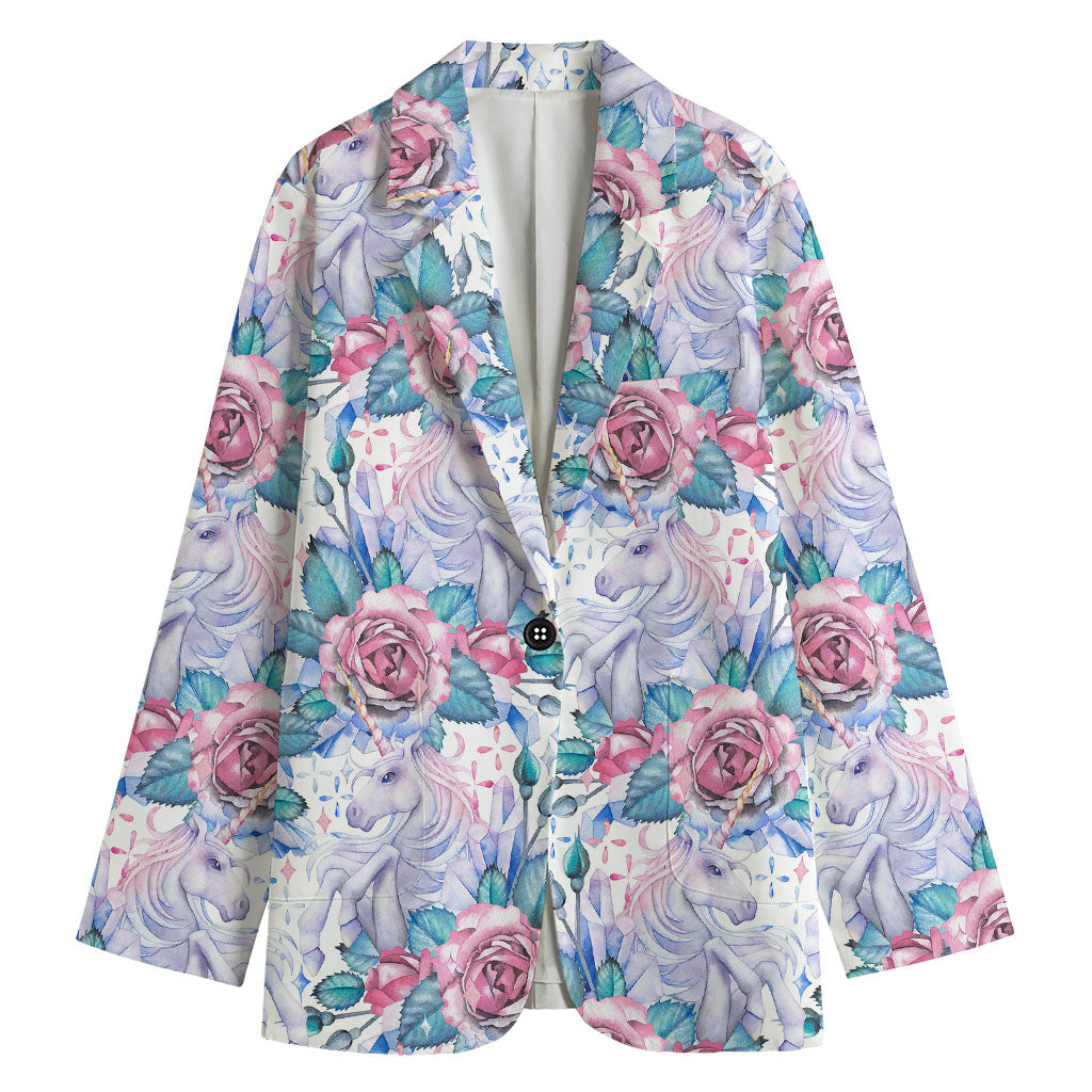 White Fairy Rose Unicorn Pattern Print Women's Blazer