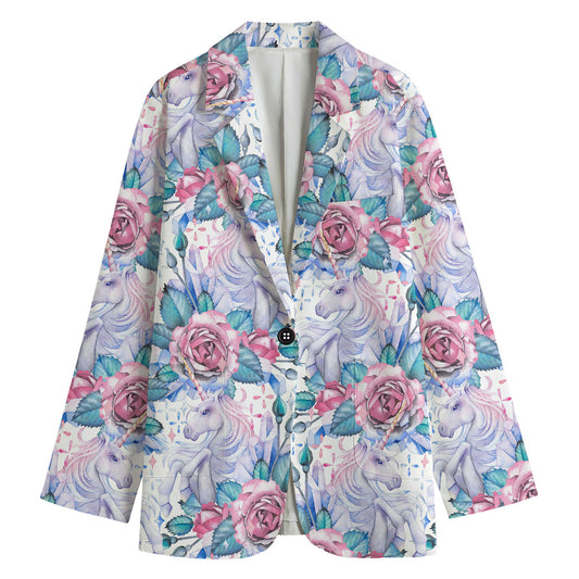 White Fairy Rose Unicorn Pattern Print Women's Blazer