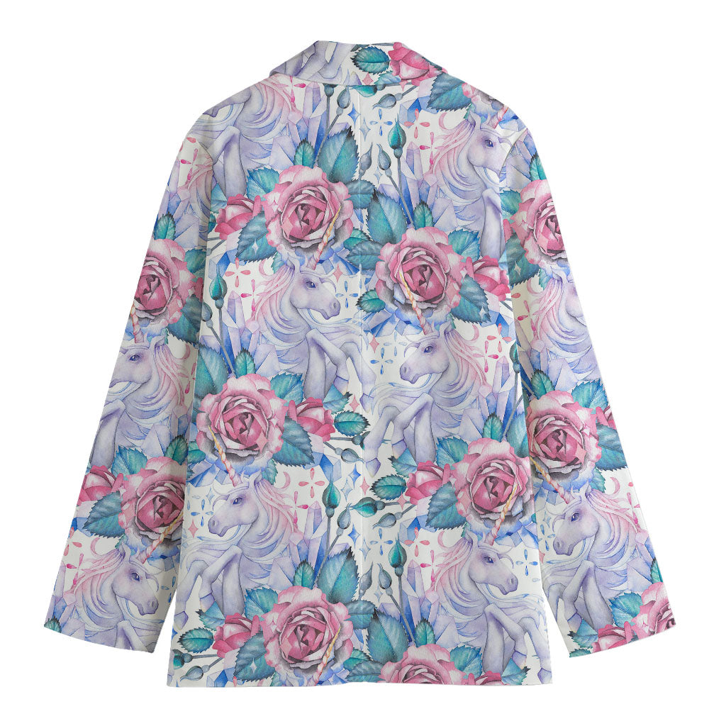 White Fairy Rose Unicorn Pattern Print Women's Blazer