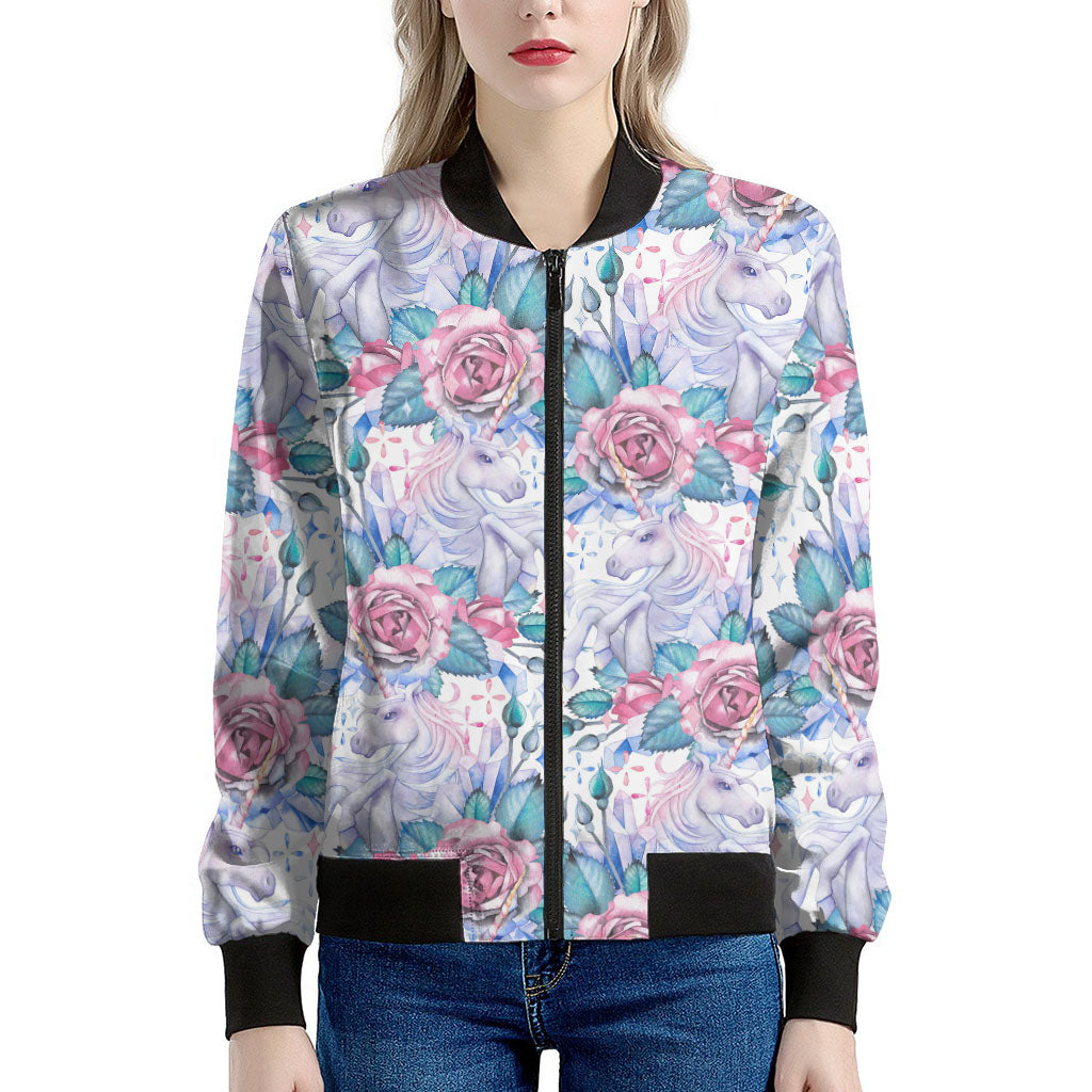White Fairy Rose Unicorn Pattern Print Women's Bomber Jacket