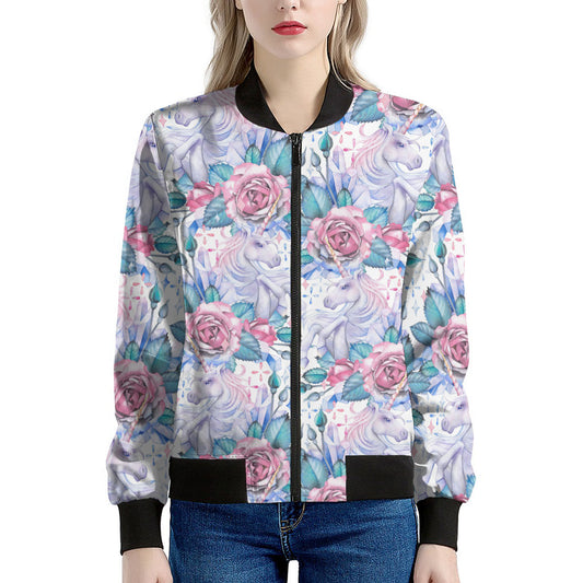 White Fairy Rose Unicorn Pattern Print Women's Bomber Jacket